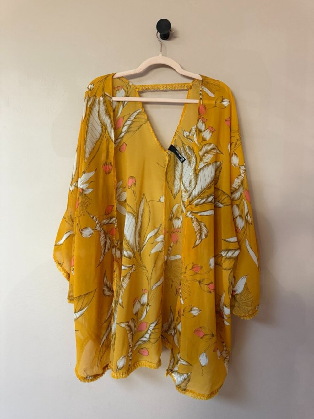 Express Mustard Yellow Floral Kimono One Size Fringe Open Front Boho Cover Up